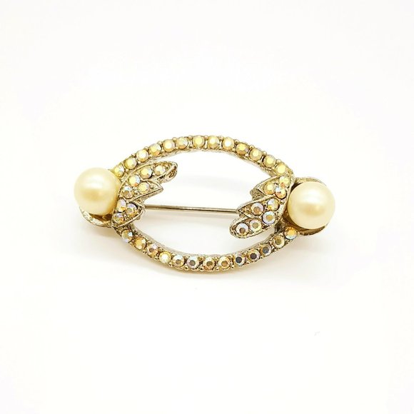 Vintage Oval Leaf Pearl Brooch Silver Tone Aurora Borealis Rhinestone Pin - Picture 5 of 6